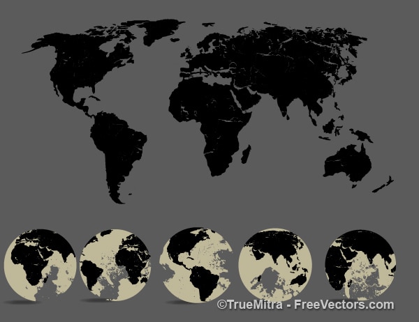 Silhouette World Map And Five View Of The Globe Free Vector 