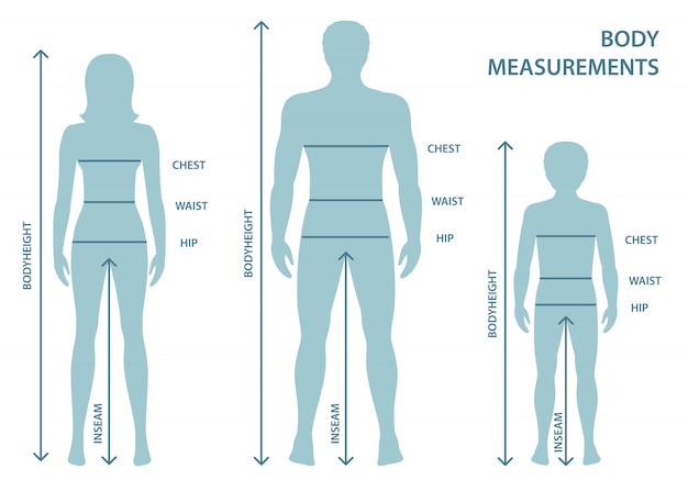成人男性と女性 体のパラメーターの測定ラインと完全な長さの少年のシルエット プレミアムベクター
