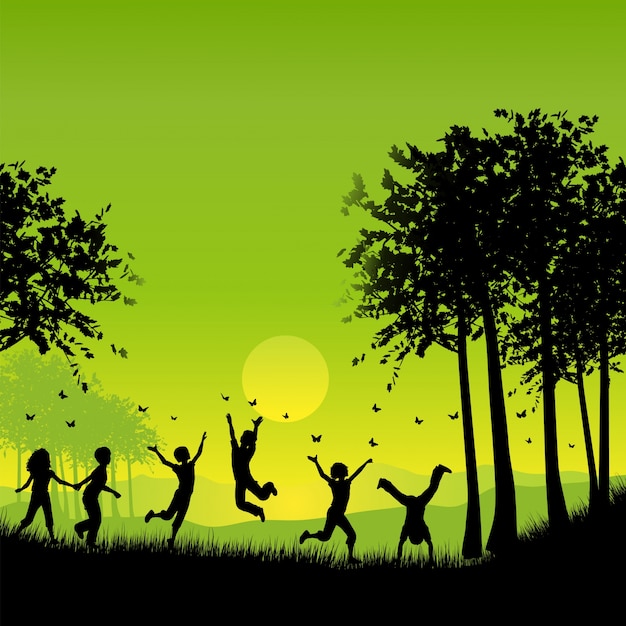 Silhouettes of children playing outside chasing\
butterflies