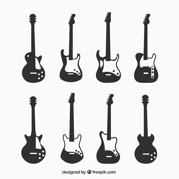 8つのエレクトリックギターのシルエット プレミアムベクター