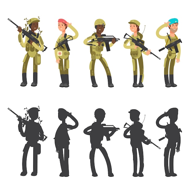 軍の男と女 漫画のキャラクターのイラストのシルエット プレミアムベクター