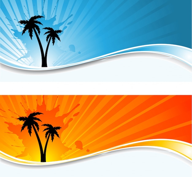 Silhouettes of palm trees on sunburst\
backgrounds