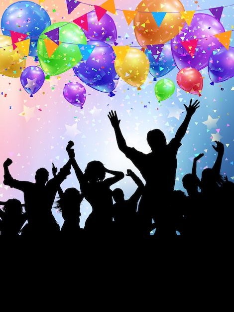 Silhouettes of party people on a balloons\
bunting and confetti background