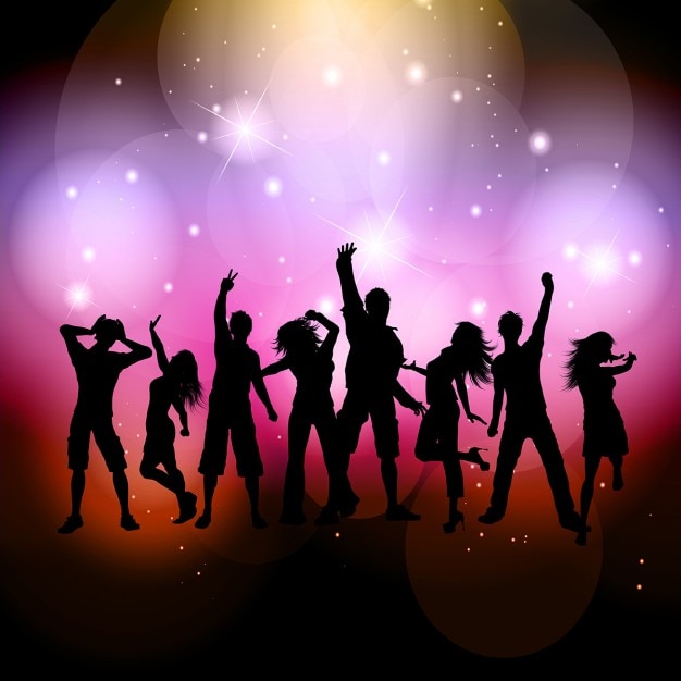 Silhouettes of people dancing on a bright\
background