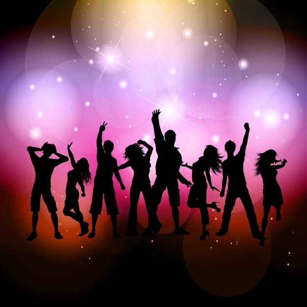 Silhouettes of people dancing on a bright
background