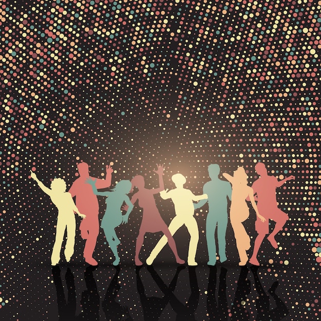 Silhouettes of people dancing on a halftone\
dots background