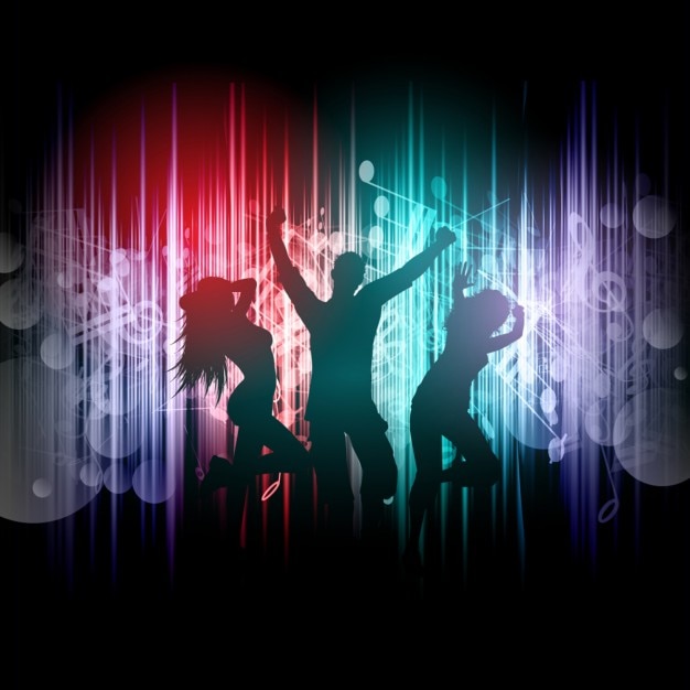 Silhouettes of people dancing on a music notes\
background