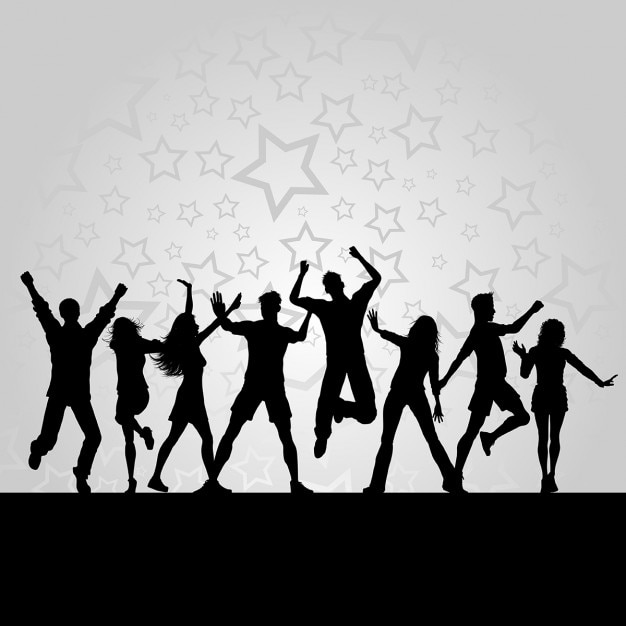 Silhouettes of people dancing on a starry\
background
