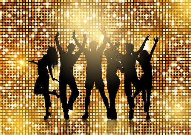 Silhouettes of people dancing on glittery gold
background