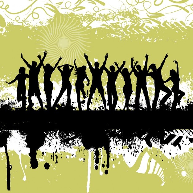 Silhouettes of people dancing on grunge\
background