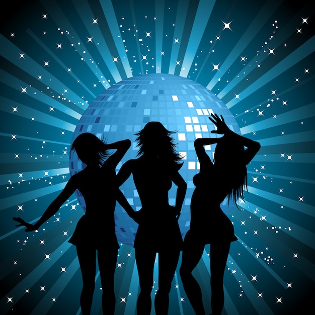 Silhouettes of sexy females on mirror ball\
background