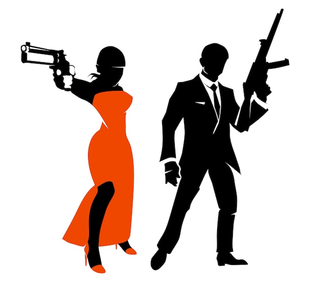 スパイカップルのシルエット 赤いドレス ギャングの人または秘密のエージェントの武器を持つ女性 ベクトルイラスト文字 プレミアムベクター