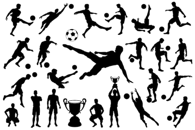 シルエットのサッカー選手とボール サッカーのゴールキーパー カップ付きチームチャンピオン 分離ベクトルイラストセット プレミアムベクター