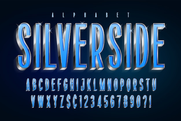 Silver 3d glossy font, letters and numbers. | Premium Vector