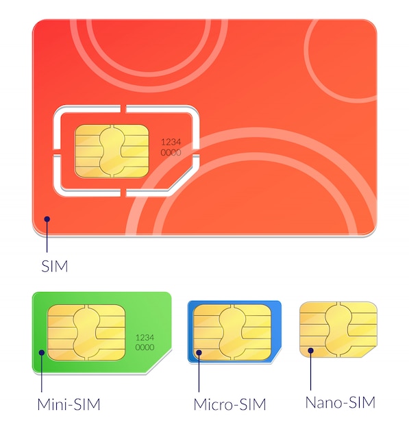 さまざまな種類のミニマイクロおよびナノsimイラストで設定された現実的なsimカードのアイコン 無料のベクター