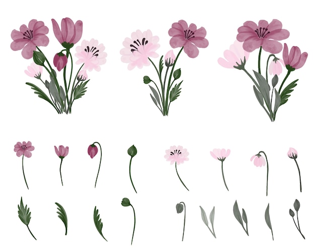 ピンクとソフトピンクのシンプルな花束の水彩花柄のシンプルなアレンジメント プレミアムベクター