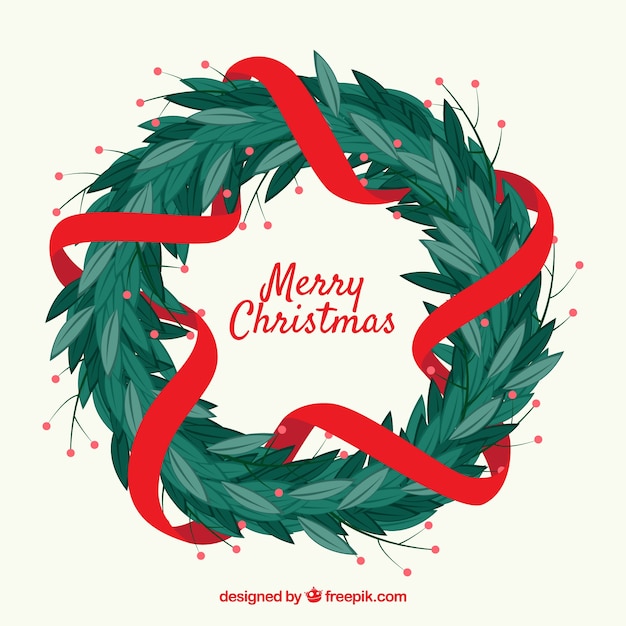 Download Simple christmas wreath with a red ribbon | Free Vector
