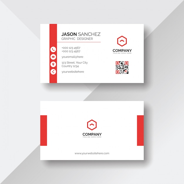 Simple and clean white business card with red details Premium Vector