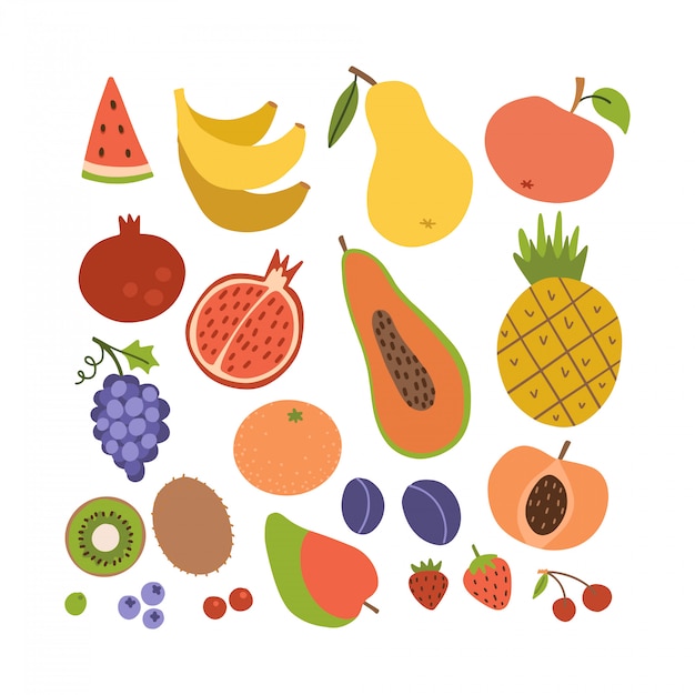 シンプルなかわいいフルーツアイコンコレクション コロフルな夏のおいしい果物のセットです 漫画のフラットスタイルのイラスト プレミアムベクター