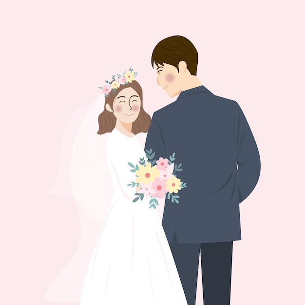シンプルなかわいい結婚式のカップルの肖像画イラスト抱擁と抱き合って ピンクの背景で日付の結婚式の招待状を保存 プレミアムベクター