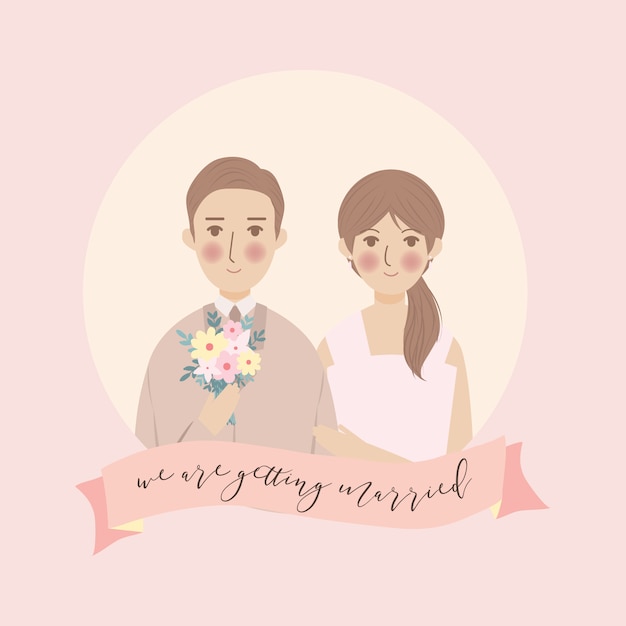 シンプルなかわいい結婚式のカップルの肖像画イラスト ピンクの背景で日付の結婚式の招待状を保存 プレミアムベクター