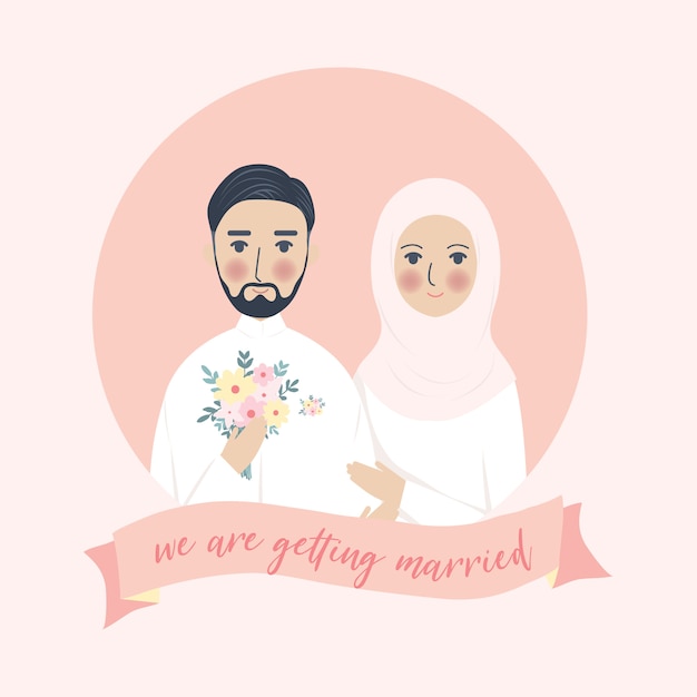 シンプルなかわいい結婚式のイスラム教徒のカップルの肖像画イラスト ピンクの背景で日付の招待状を保存するwalima Nikah プレミアムベクター