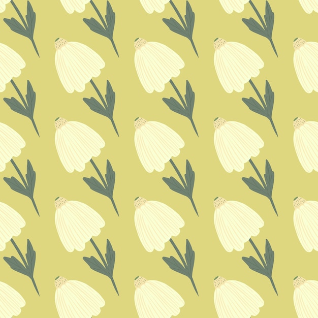シンプルな落書き白い花のシームレスなパターン 黄色の背景 様式化された植物プリント 壁紙 テキスタイル 包装紙 布印刷用に設計されています プレミアムベクター
