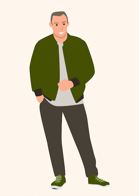 ボンバージャケット ファッションのスタイルを着ている若い男のシンプルなフラット漫画ベクトルイラスト プレミアムベクター