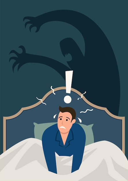 夜中に目覚め ストレスと悪夢から怖がっている男のシンプルなフラットベクトルイラスト 不安 パニック発作 睡眠障害の概念 プレミアムベクター