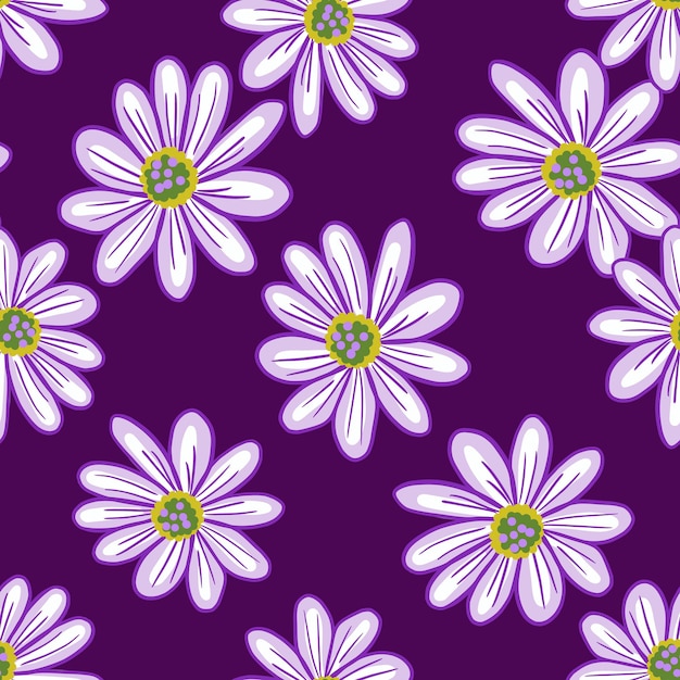 輪郭を描かれたデイジーの花の形をしたシンプルな花のシームレスなパターン 紫の背景 自然な背景 ストックイラスト テキスタイル ファブリック ギフトラップ 壁紙のベクターデザイン プレミアムベクター