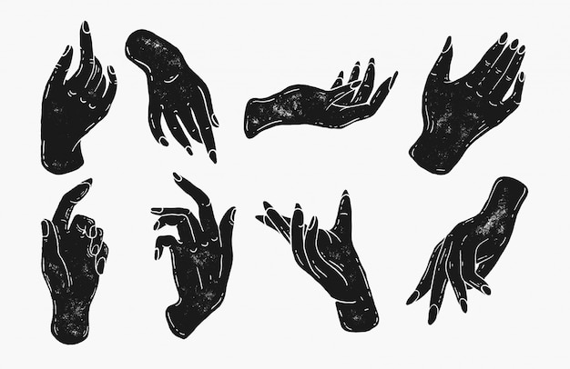 スタンプシルエットスタイルのシンプルな手のイラスト 手描きビンテージアートワークロゴアイコン ネイルサロン マニキュア 美容師のロゴ 女性らしいエレガントな手と指 魔法の呪文 手の形 プレミアムベクター