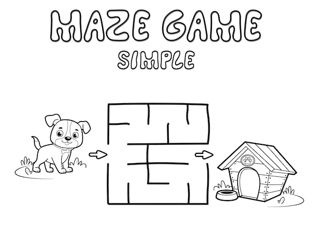 子供のためのシンプルな迷路パズルゲーム 犬との簡単な迷路や迷路ゲームの概要を説明します ベクトルイラスト プレミアムベクター