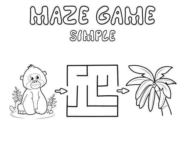 子供のためのシンプルな迷路パズルゲーム ゴリラを使った簡単な迷路や迷路ゲームの概要を説明します 猿とバナナのベクトルイラスト プレミアムベクター