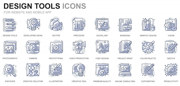 プレミアムベクター Webサイトおよびモバイルアプリのシンプルなセットデザインツールラインアイコン