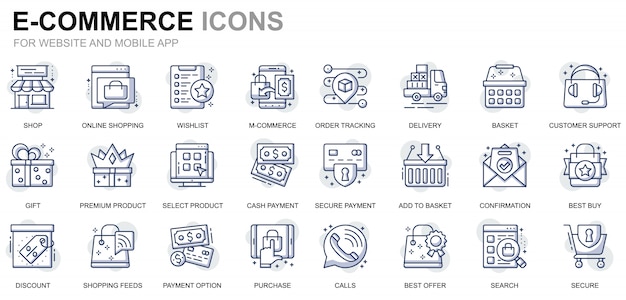 ウェブサイトおよびモバイルアプリ用のシンプルなセットeコマースおよびショッピングラインアイコン プレミアムベクター
