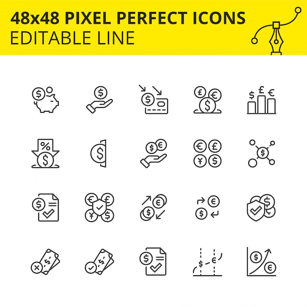 お金の取引 通貨変換 為替レートの上昇と減価償却の会計 金融保護と貯蓄 為替市場の運用のためのアイコンのシンプルなセット プレミアムベクター
