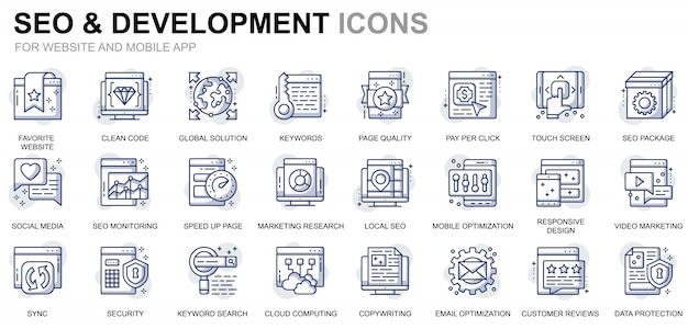 Simple set seo and development line icons for website and mobile apps Premium Vector