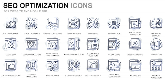  Simple set seo and web optimization line icons for website and mobile apps