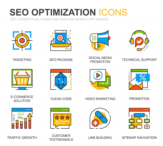 Simple set seo and web optimization line icons for website Premium Vector