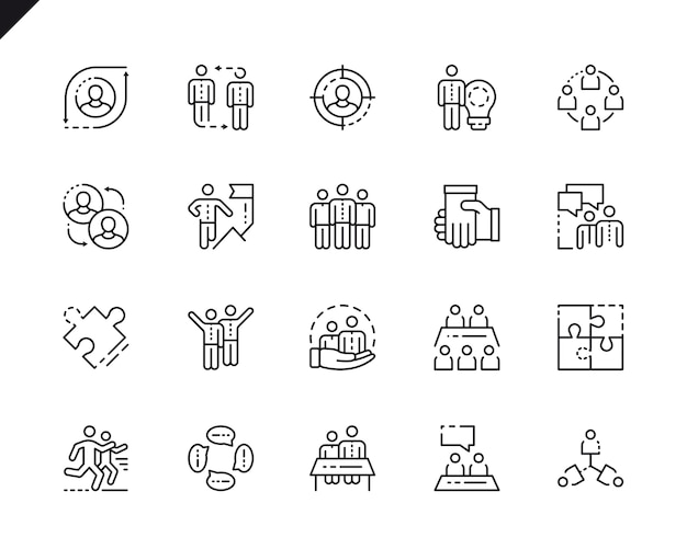 シンプルセットチームワークラインのアイコンは ウェブサイトやモバイルアプリケーションです プレミアムベクター