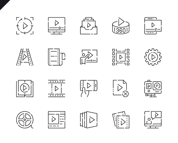 シンプルセットのビデオコンテンツラインアイコン プレミアムベクター