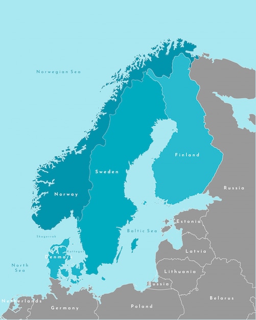 スカンジナビアおよび北ヨーロッパ諸国の簡略化された政治地図で 青色は最も近く 灰色は最も近い地域です プレミアムベクター
