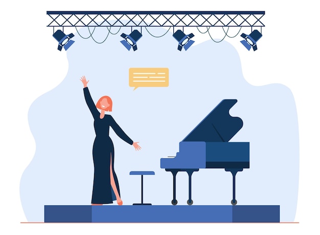 ステージで演奏する歌手 歌う女性 ボーカリスト 素晴らしいピアノ 漫画イラスト 無料のベクター