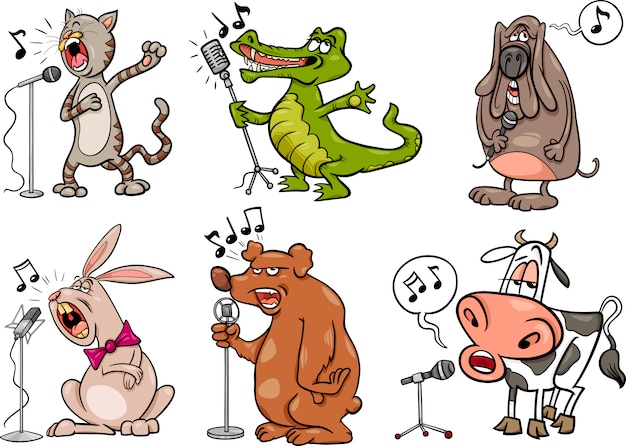 歌う動物セット漫画のイラスト プレミアムベクター