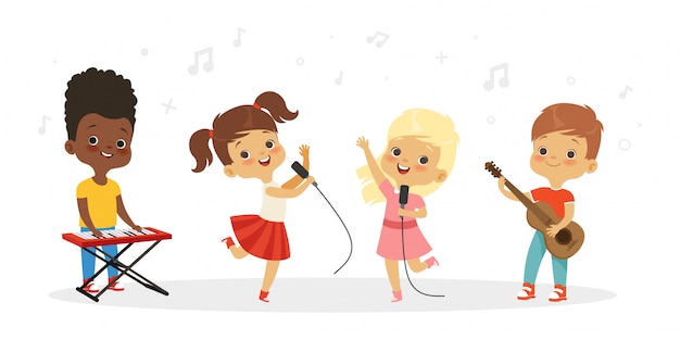子供を歌う かわいい子供たちの合唱団 キッズボーカルグループイラスト プレミアムベクター
