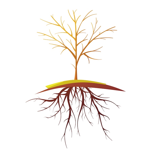 根を持つ単一の小さなハゲの木フラットレトロ漫画分離ベクトルイラスト プレミアムベクター