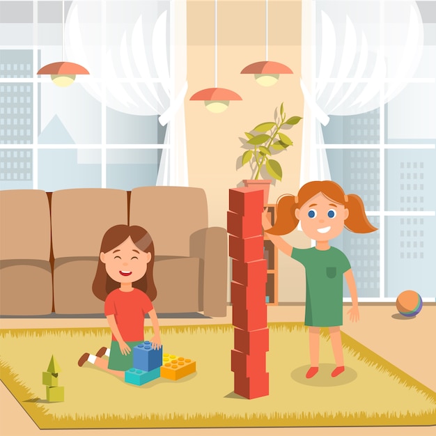 Premium Vector | Sisters playing building bricks at home cartoon