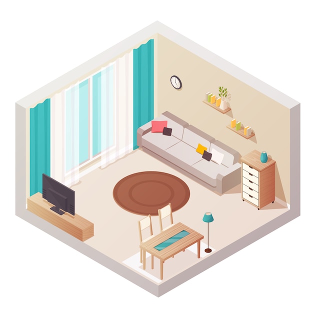 Sitting Room Isometric Interior Design Composition Free Vector