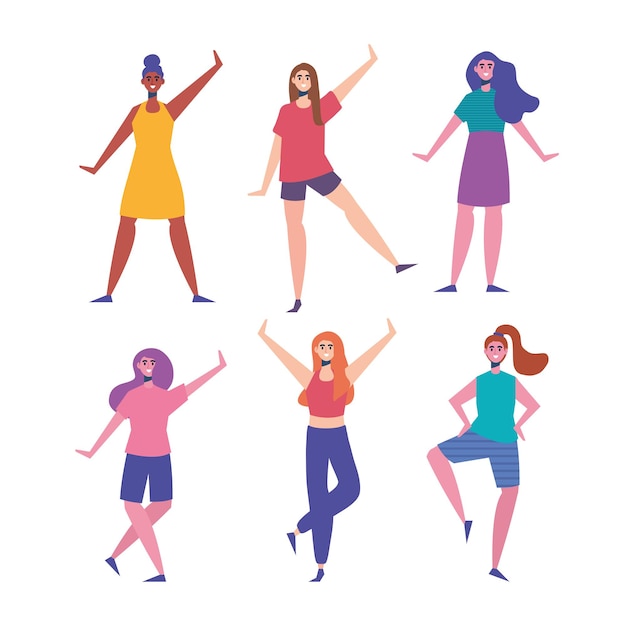 Premium Vector | Six happy young women characters illustration