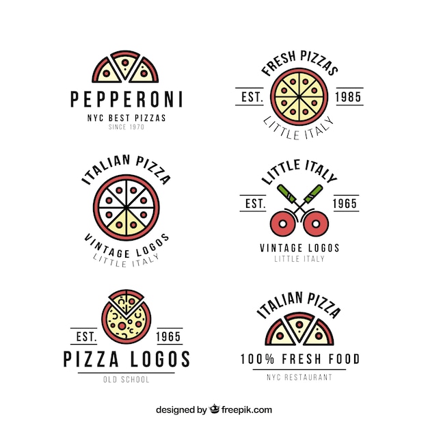 Six logos for pizza on a white\
background